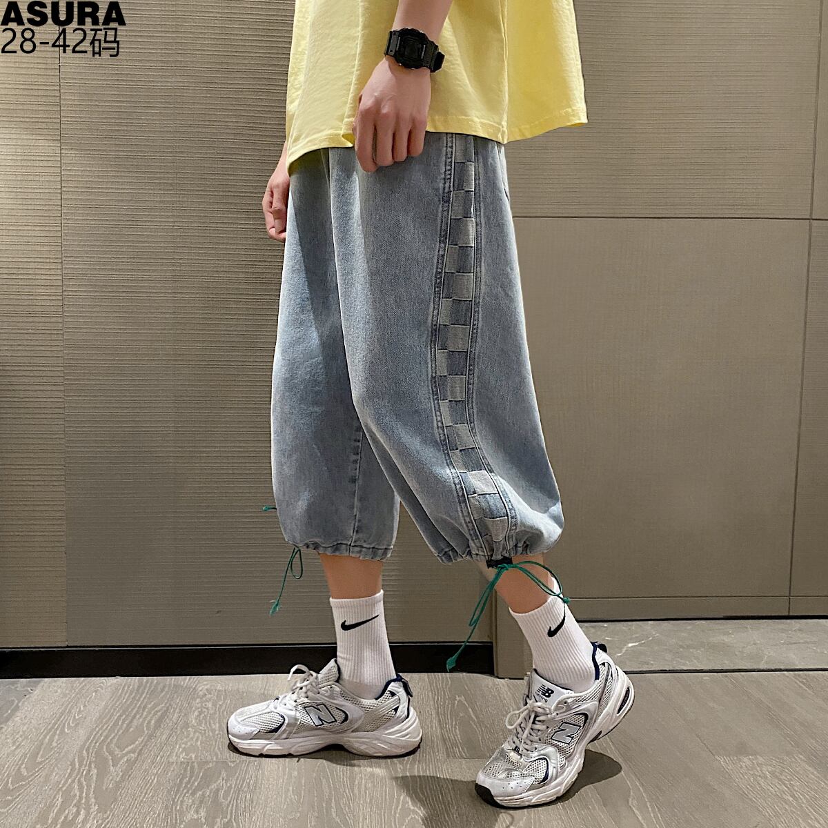 ストライプクロップドジーンズ ルーズパンツ サマー ストリート 大きめサイズ 夏物 ASURAプラスサイズメンズ56047273540