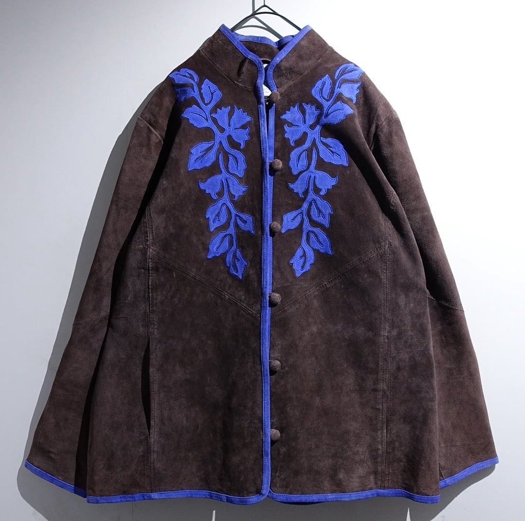Brown Botanical Motif Embroidery Design China Suede Leather Jacket