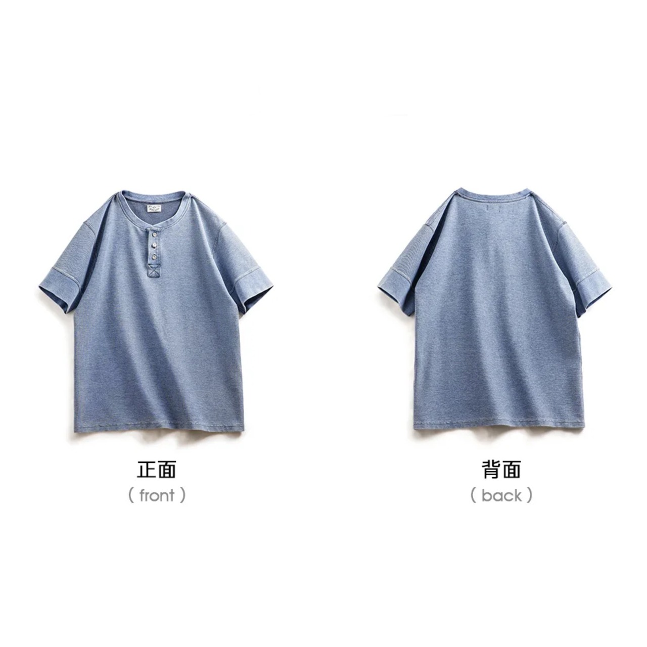 Retro Blue Henry Neck T-shirt / レトロ ブルー ヘンリーネック Tシャツ