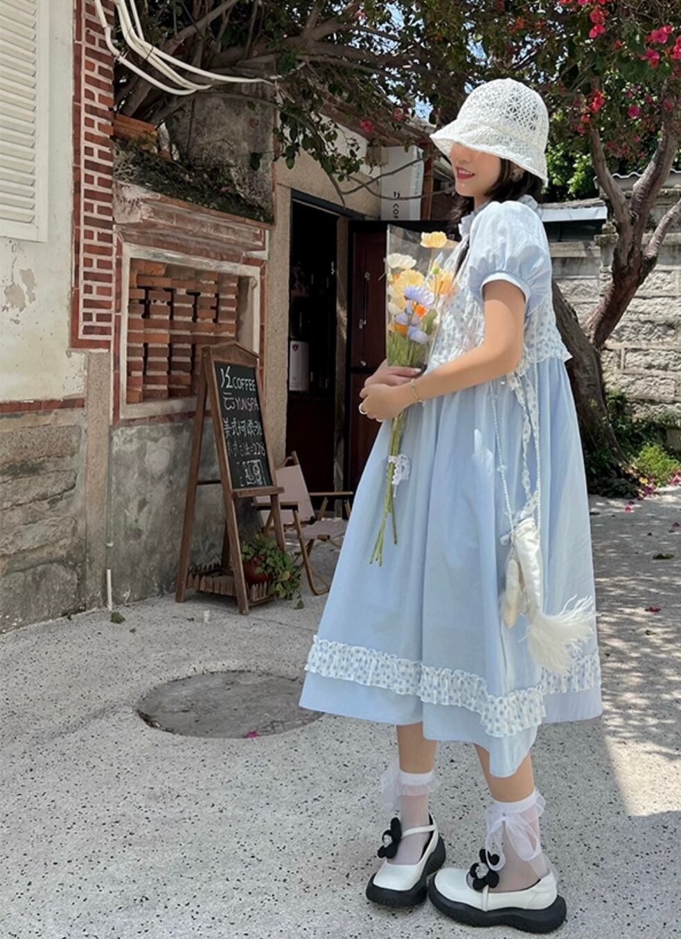 ワンピース 水色 ワンピース ゆったり 可愛い ガーリー 姫 リボン 花柄