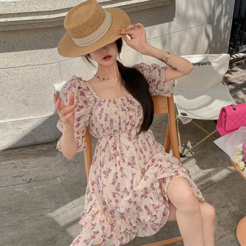 スカート カラーフローラルスリーブシフォンウェストAラインドレス 花柄 スクウェア ハンチェンe84221165472