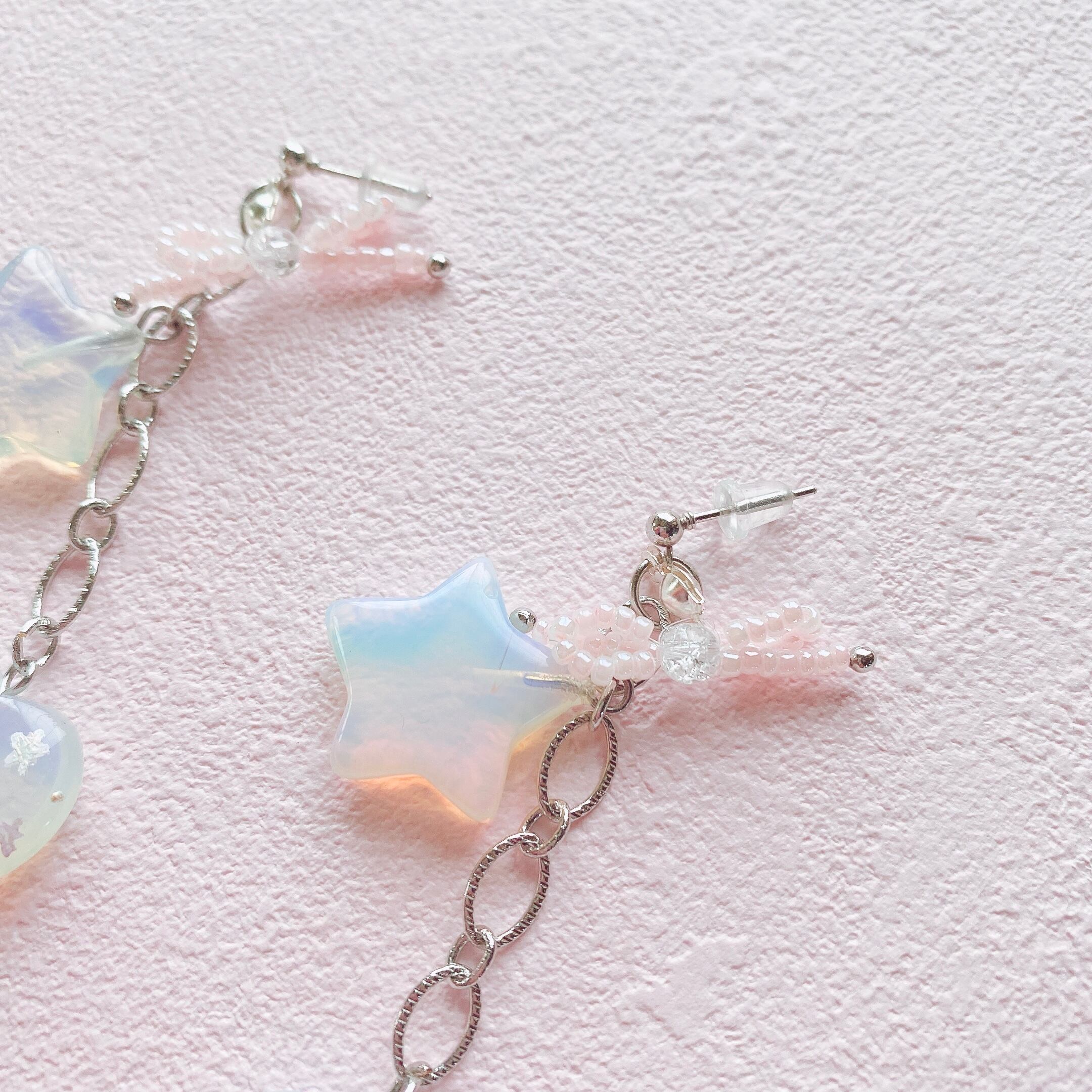 天然石×handpaint リボン・星・ハート　耳飾り