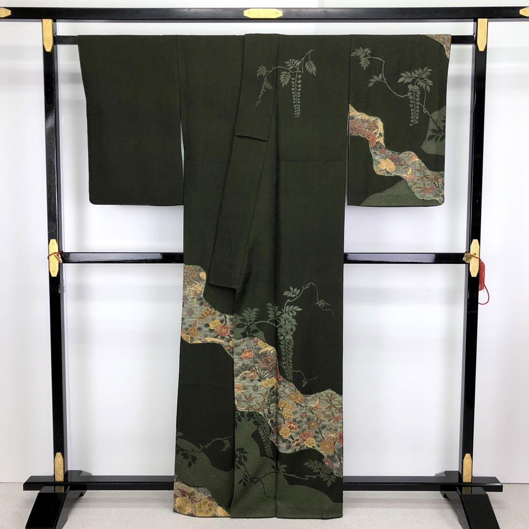 K-2921 訪問着 総刺繍 ガード加工 蝶に美しい花々 さが美 黒橡色