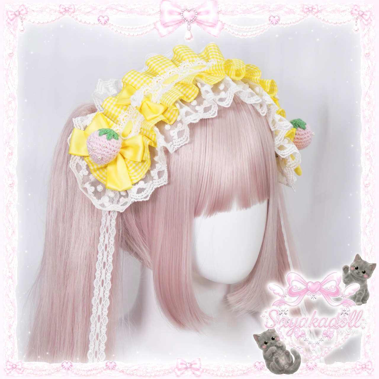 ♡【Sayakadoll original】【受注生産】 いちごとお花のパステルギンガムチェック柄 フリルレースリボンヘッドドレス cherry pink ♡