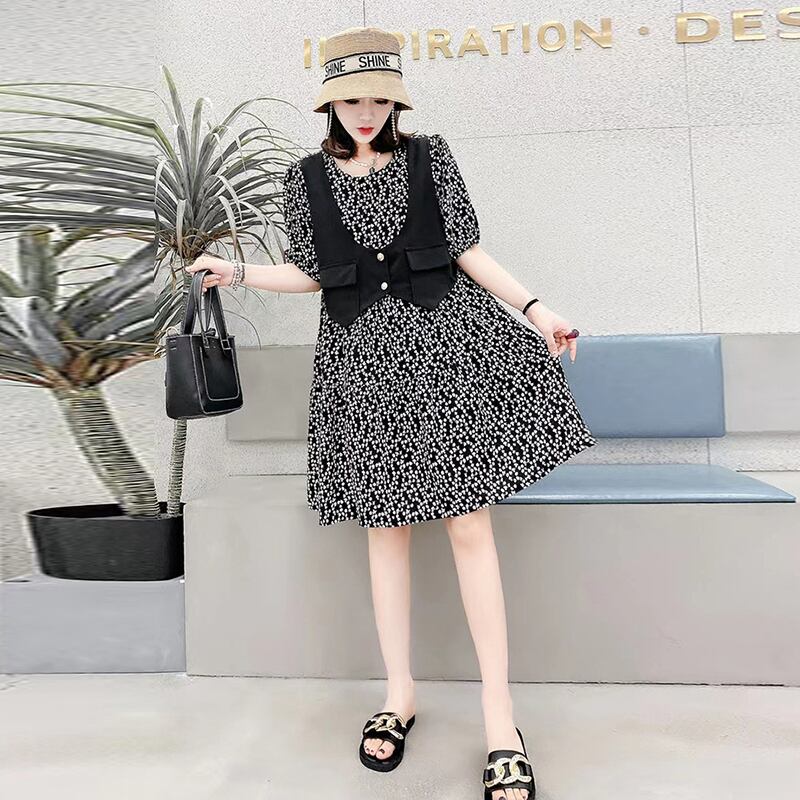 ウェストラウンドネックフローラルシフォンスリムドレス 花柄 Oネック ミックスインファッション70816870180