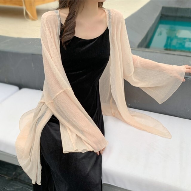 トップス レディース カーディガン 送料無料 2色 ブラウス シャツ ノーカラー フレアスリーブ 切り替え スタンドカラー シフォン シースルー 透け感 シアー 襟なし ーポリエステル ホワイト アプリコット 単色 透け感 こなれ感 抜け感 ガーリー かわいい 可愛い 涼し 通気性 キュート 上品 エレガント きれいめ ラブリー 女の子 お洒落 おしゃれ 春 春服 夏 夏服 10代 20代 デート おでかけ モテ 女子会 普段使い 着回し 重ね着 韓国系 オルチャン S M L