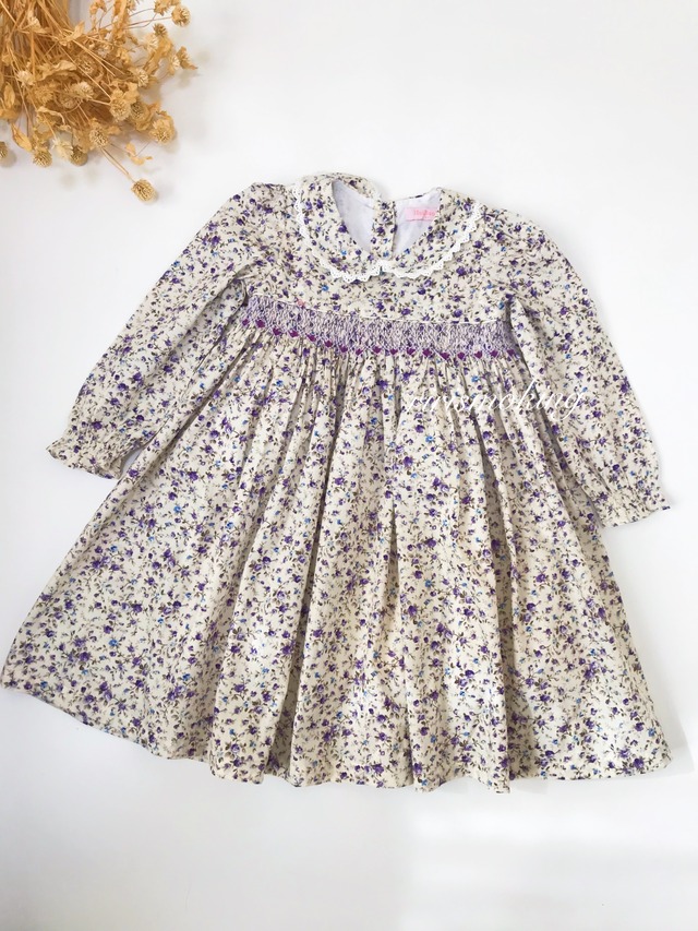 即納】(80〜120cm) 新品 紫 小花柄 スモッキング ワンピース  