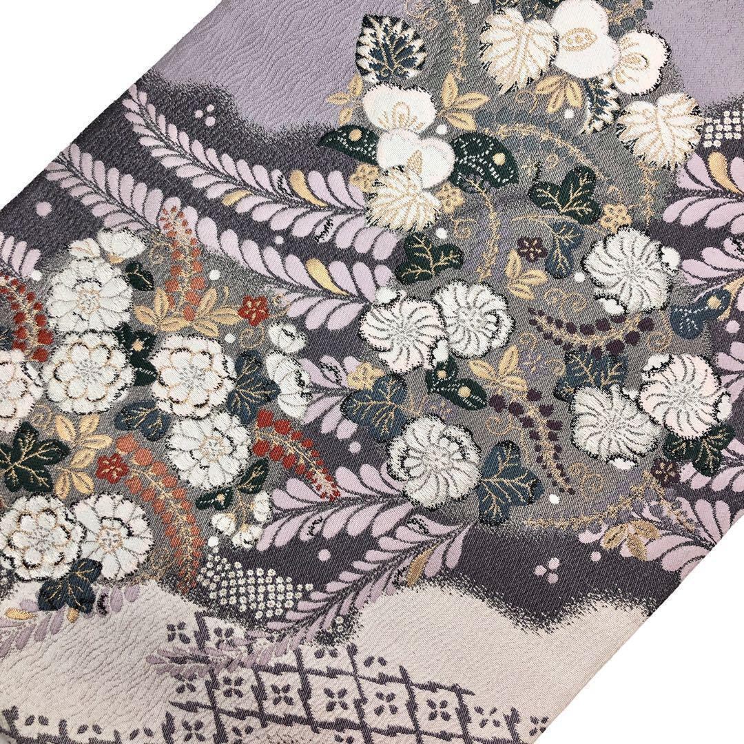 袋帯 美しい流水に辻が花織模様 金銀糸 浅滅紫色 O-3236