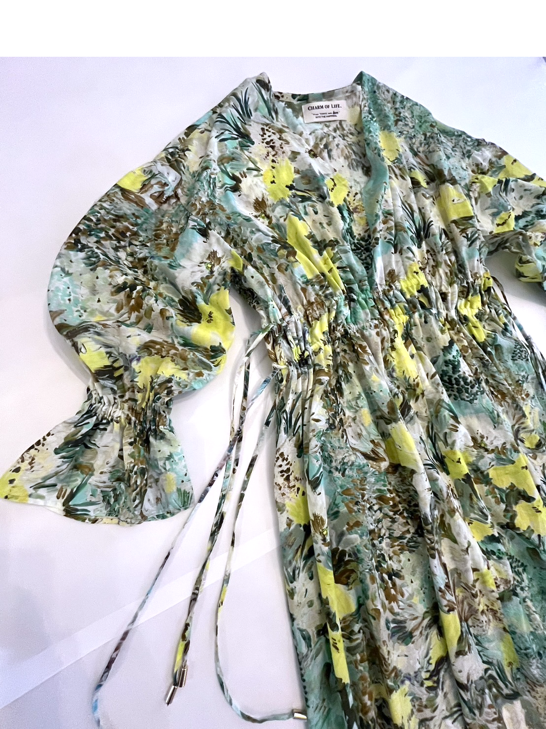 【日本製】VネックドロストキャンディスリーブOP　花柄