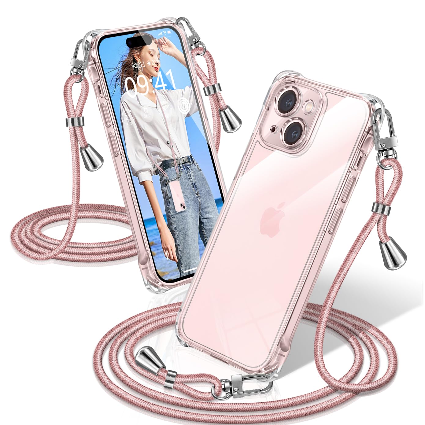 XIOYATY iPhone 15 対応 ケース クリア ショルダー 肩掛けストラップ付き 四隅衝撃吸収設計 カメラ保護 斜め掛け