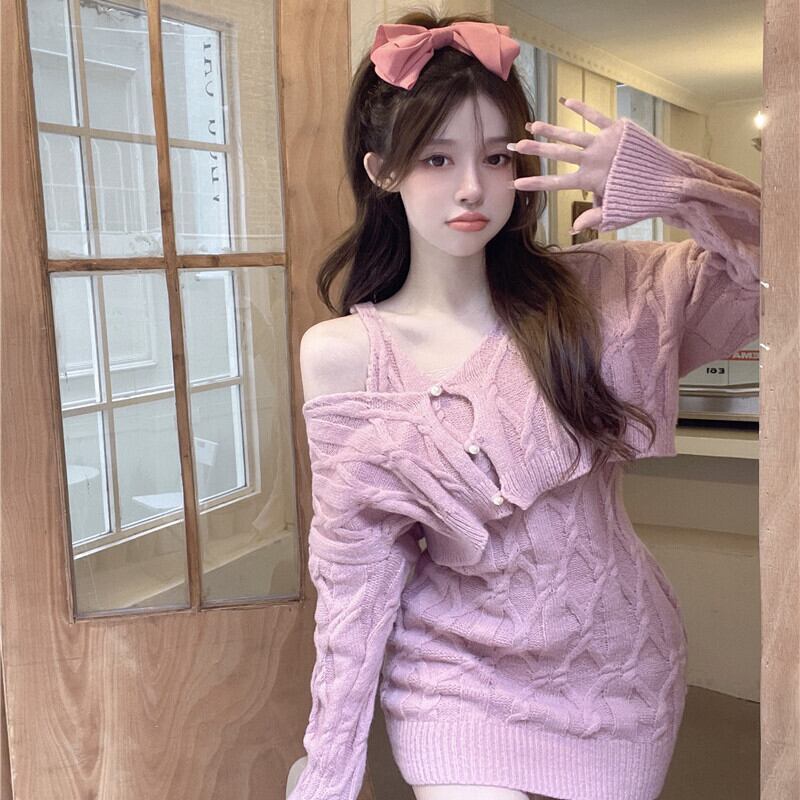 Vネックウェストドレス オータムウィンタースタイルルーズセーター カーディガン ロング 秋物 冬物 ガールズファッション27958658548