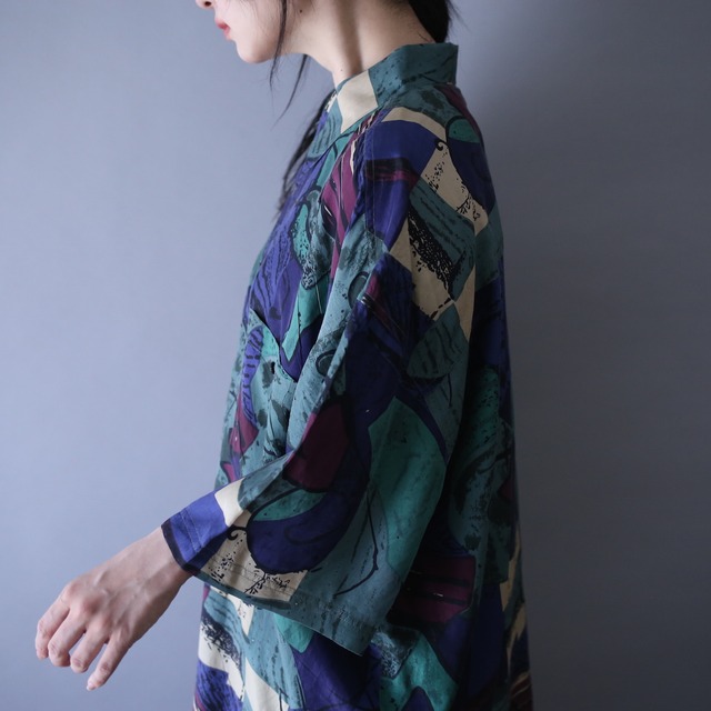 poison color art full pattern over silhouette h/s silk shirt