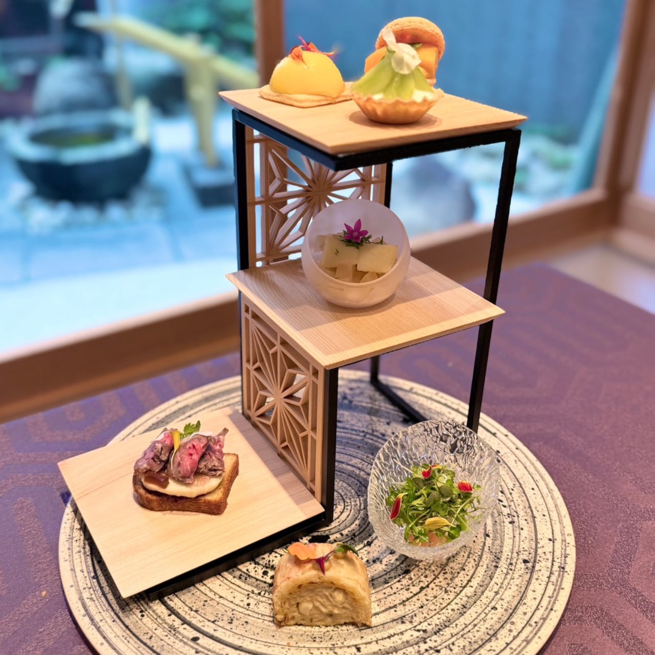 アイアン×組子 ティースタンド〈撥水ひのき木皿セット〉