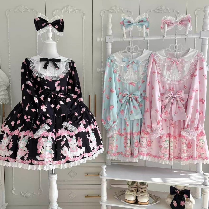 ロリータファッション 甘ロリワンピース ゆめかわいい桜ピンクのうさぎ