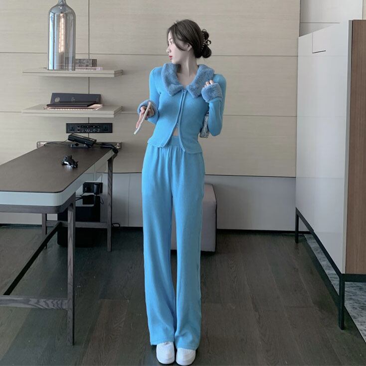 スプリングカラージッパーニットカーディガンハイウェストウェストカジュアルパンツ 春物 YY-ファッション57393143908