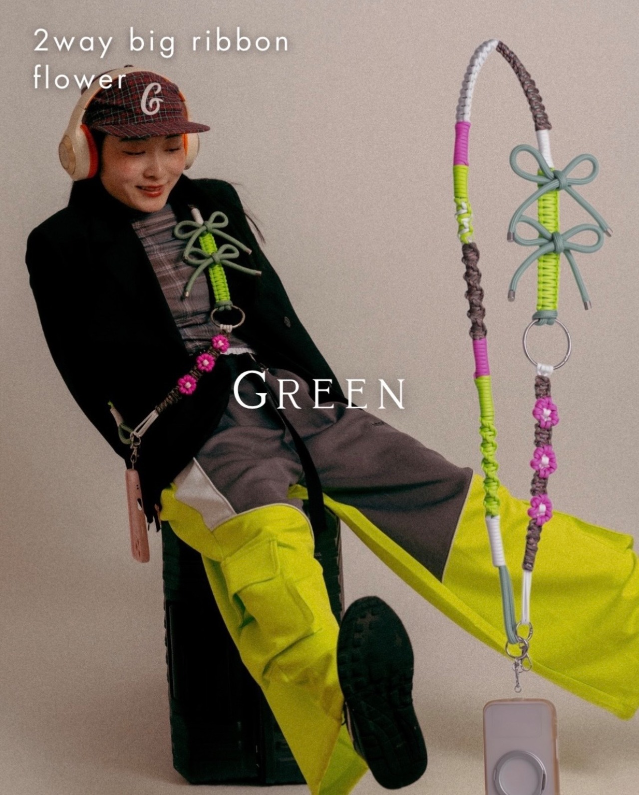 2way big ribbon flower strap Green