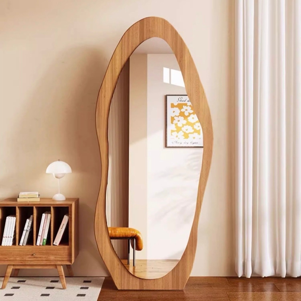 【木製 インテリア 鏡】無垢材 全身鏡 モダン 北欧テイスト シンプル おしゃれ 装飾 ミラー 壁に掛け 置き型 2色 玄関 寝室 リビング