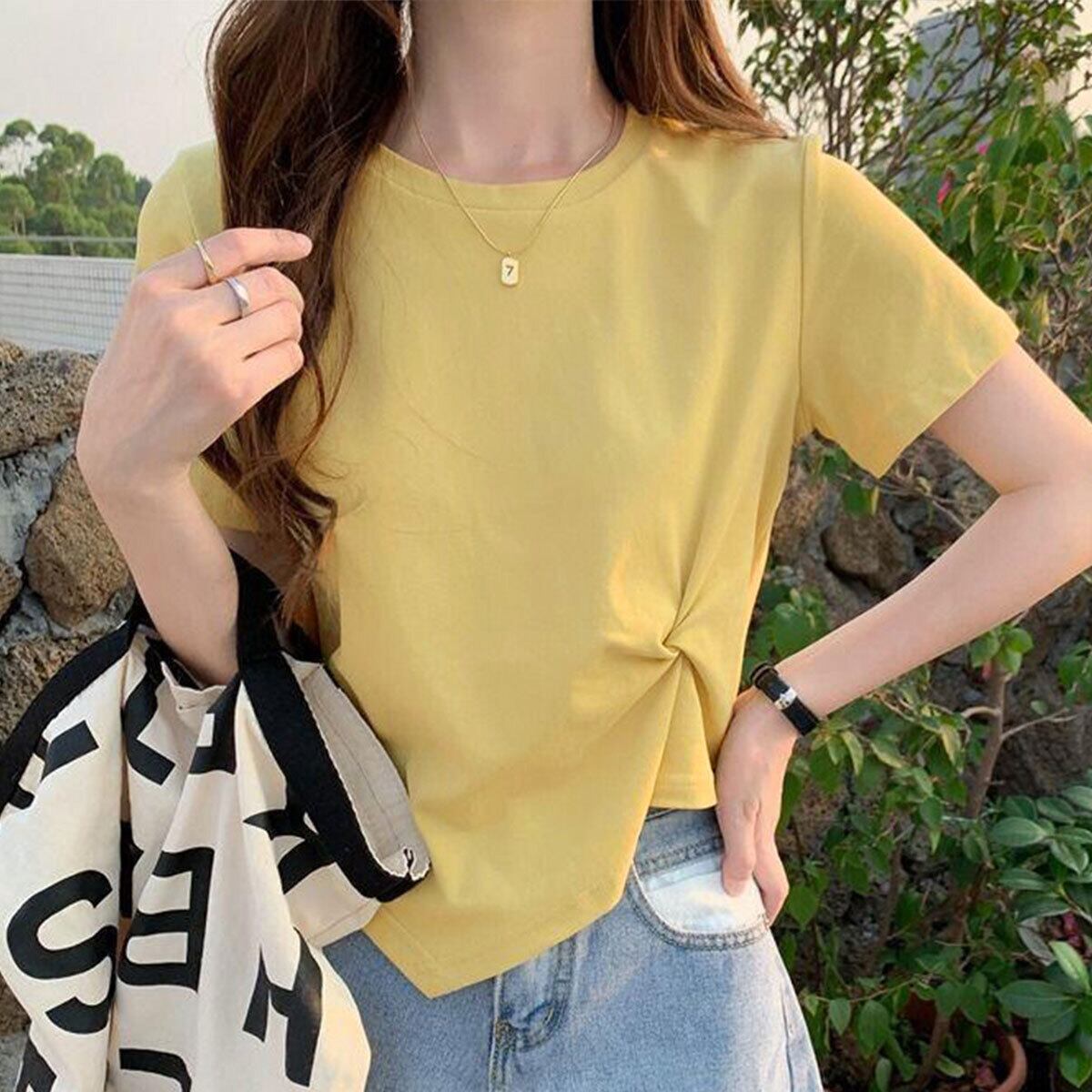 アシンメトリー 半袖 Tシャツ レディース 春夏 韓国 トップス きれいめ 大人 シンプル カジュアル ウエストタック カットソー 不規則ヘム ラウンドネック ショート丈 大人可愛い 大人女子