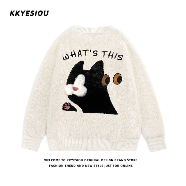 【KKYESIOUシリーズ】★セーター★ 2color ニットトップス 男女兼用 メンズ カートゥーン 猫 ねこ ネコ