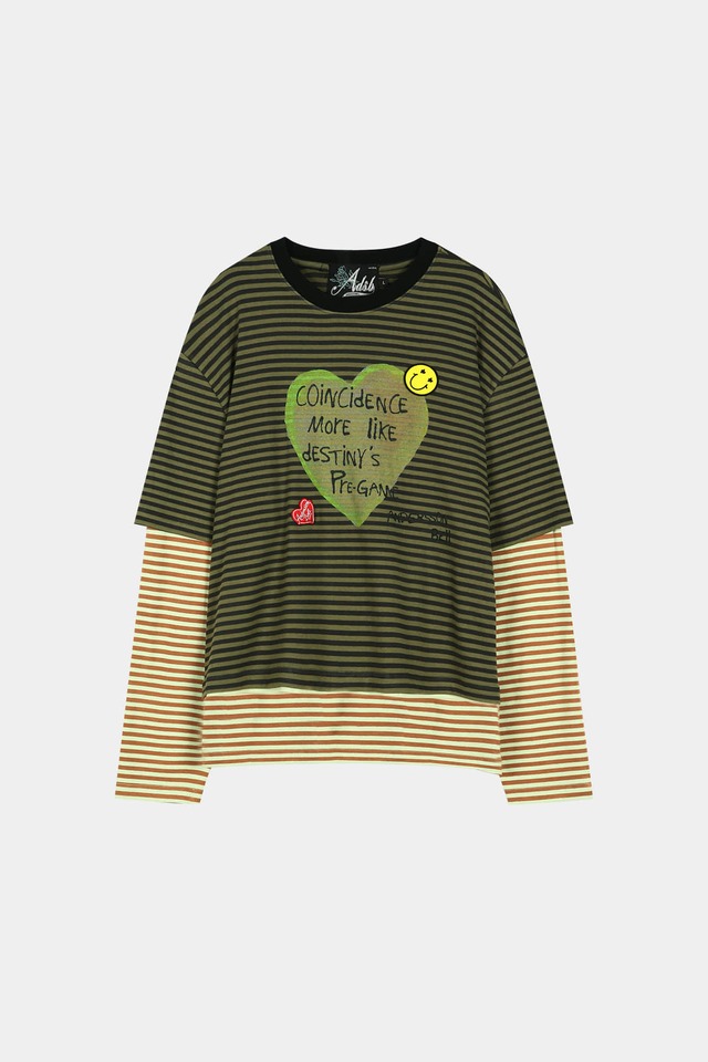 [ANDERSSON BELL] (ESSENTIAL) HEART MESSAGE STRIPE LAYERED L/S T-SHIRT atb1430m(KHAKI) 正規品 韓国ブランド 韓国通販 韓国代行 韓国ファッション ANDERSSONBELL アンダーソンベル 日本 店舗