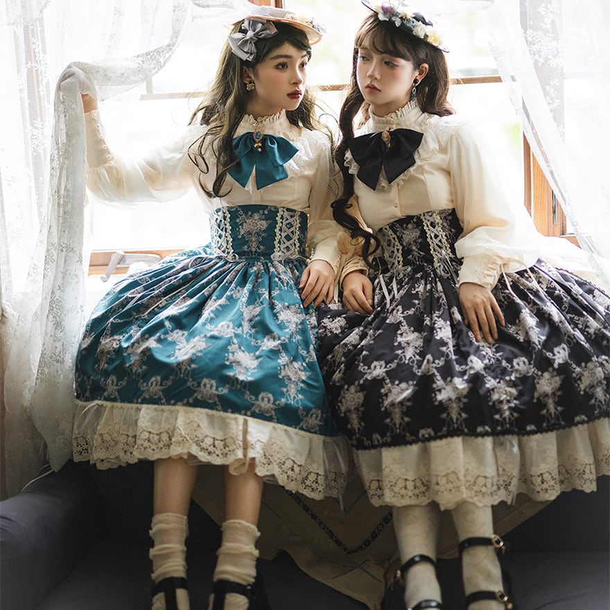 サブカル 服 地雷系 通販 クラロリ スカート ギャザー アレンジ 総柄 レース エレガント ハイウエスト レースアップ