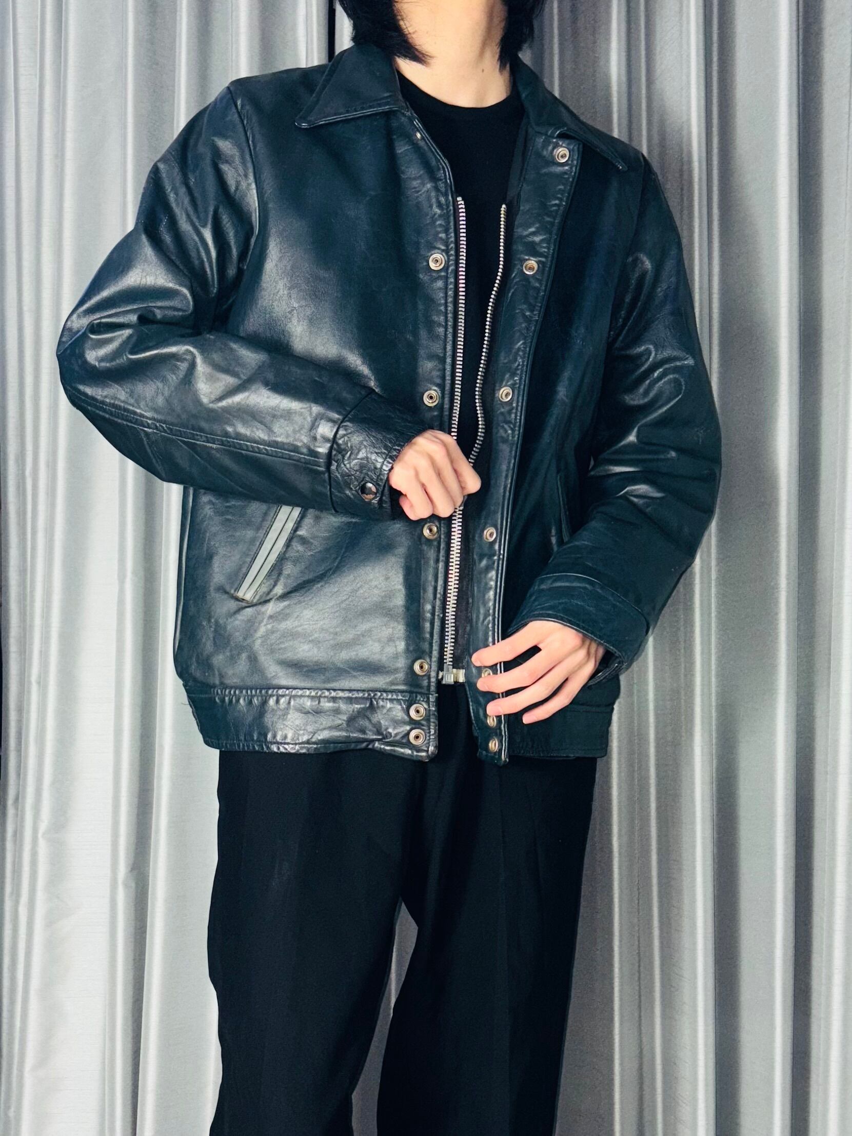vintage 1970's~80's navy leather award jacket | NOIR ONLINE