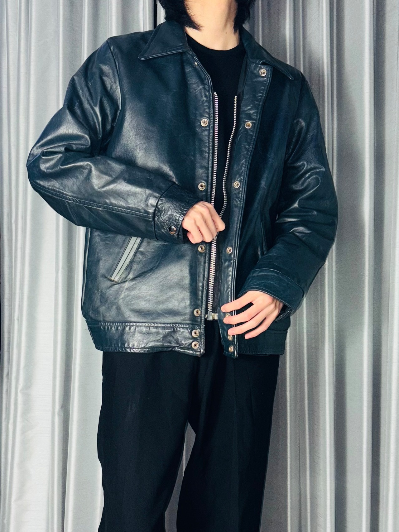 vintage 1970’s~80’s navy leather award jacket