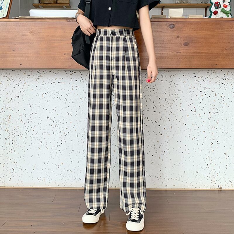 パンツ カジュアルハイウェストウェストワイドレッグサマー格子柄 夏物 ワイドパンツ 萌量不足68539282962