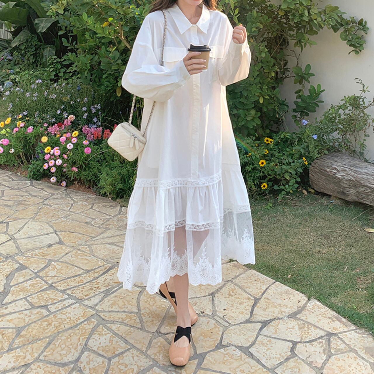 Lace Hem Shirt Dress R0238