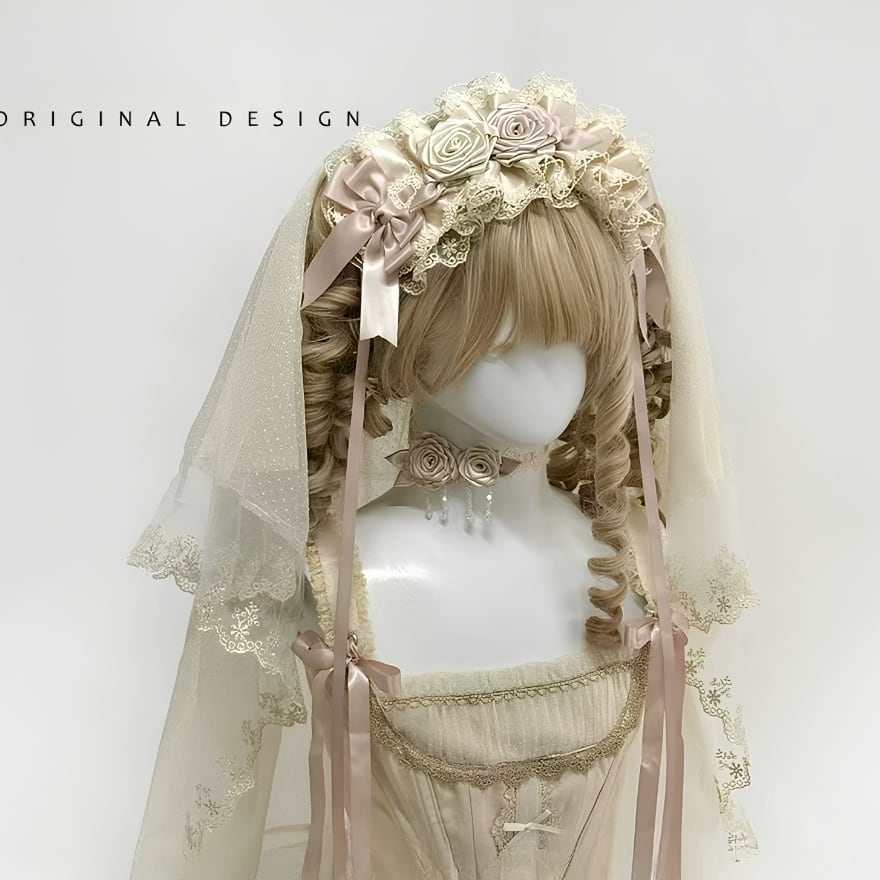 量産型クラロリ シャンパン薔薇ヘッドドレス ベールチョーカー 3点セット
