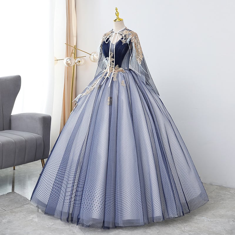 ケープ付き刺繍チュールロングドレス D0309