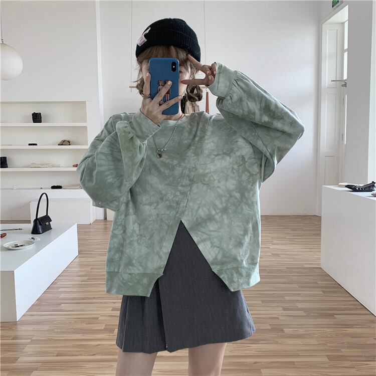 絞り染めミントグリーンセーターレディース2020年初秋新デザインセンスフロント&バックウェアルーズスプリットトップス クレセントシティ96889260456