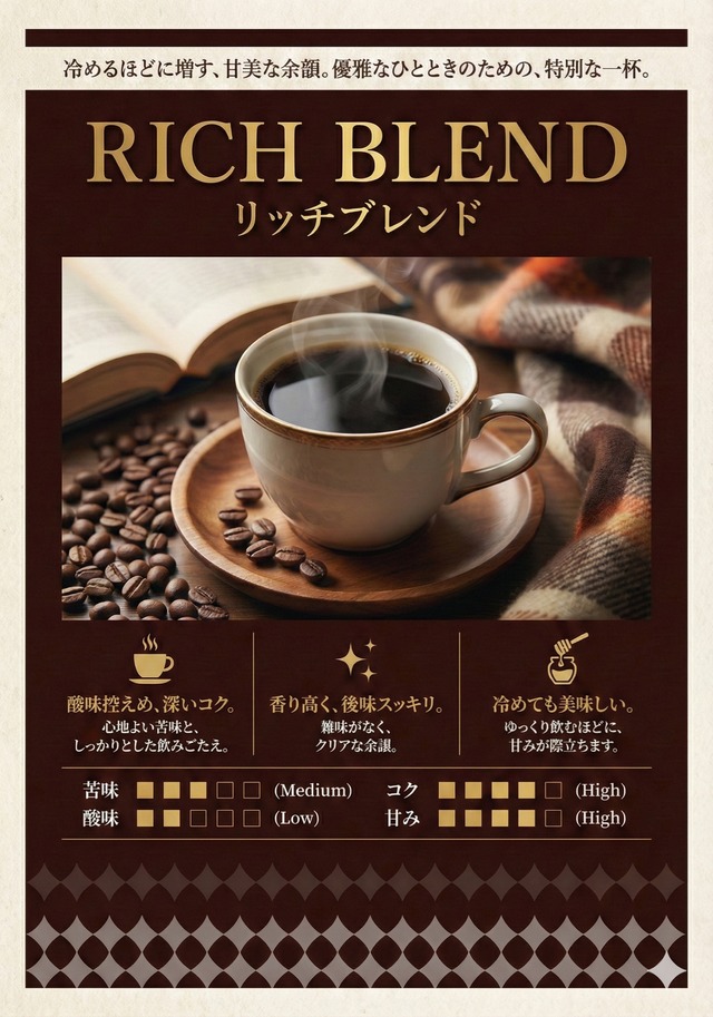 お手軽リッチブレンド(100g)10%OFF、コーヒーメジャー、ドリップバッグキット付
