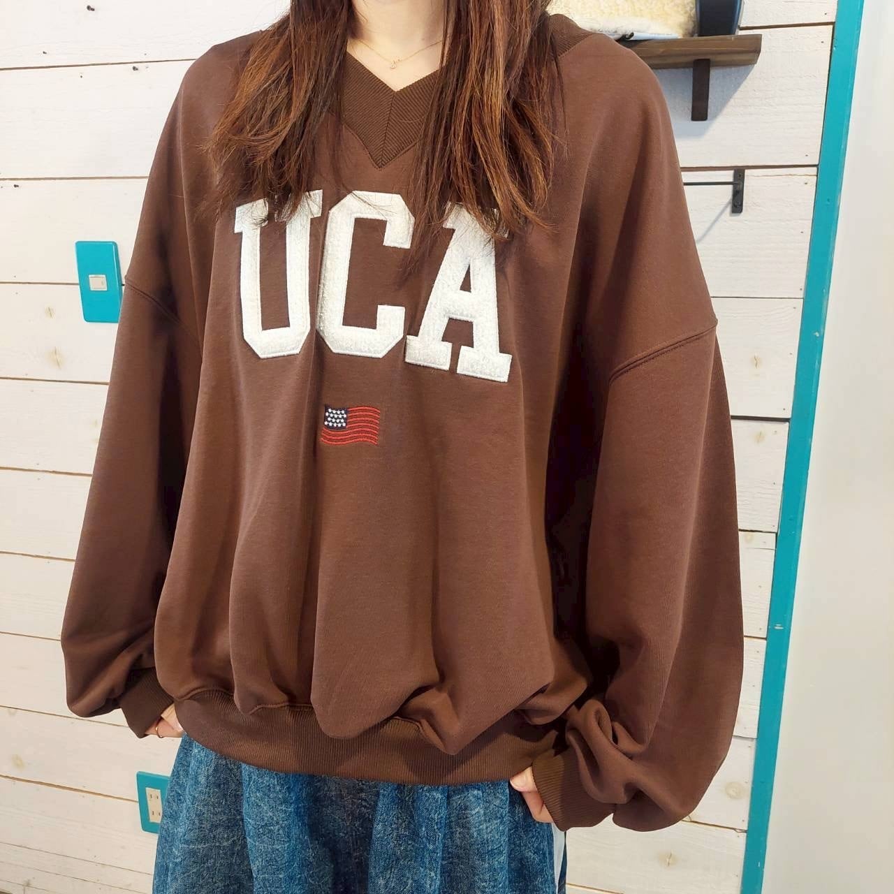 『People's』2712 裏毛サガラ刺繍UCA　Vネックプルオーバー　フリーサイズ　