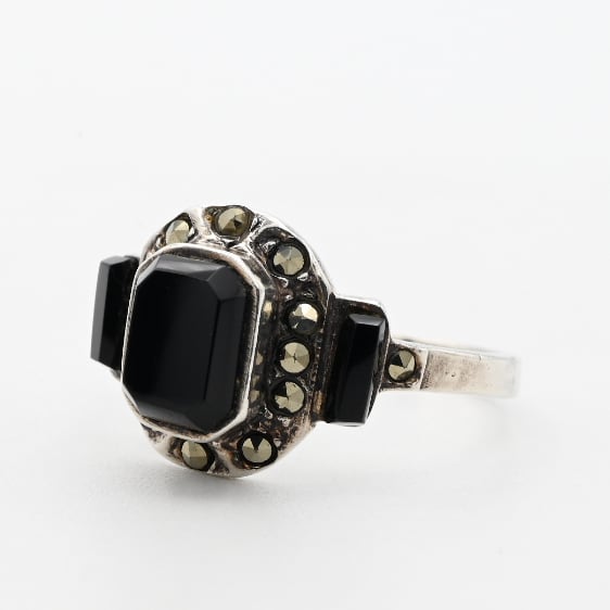 Black Onyx / Marcasite Accent Statement Ring #14.0 / Denmark