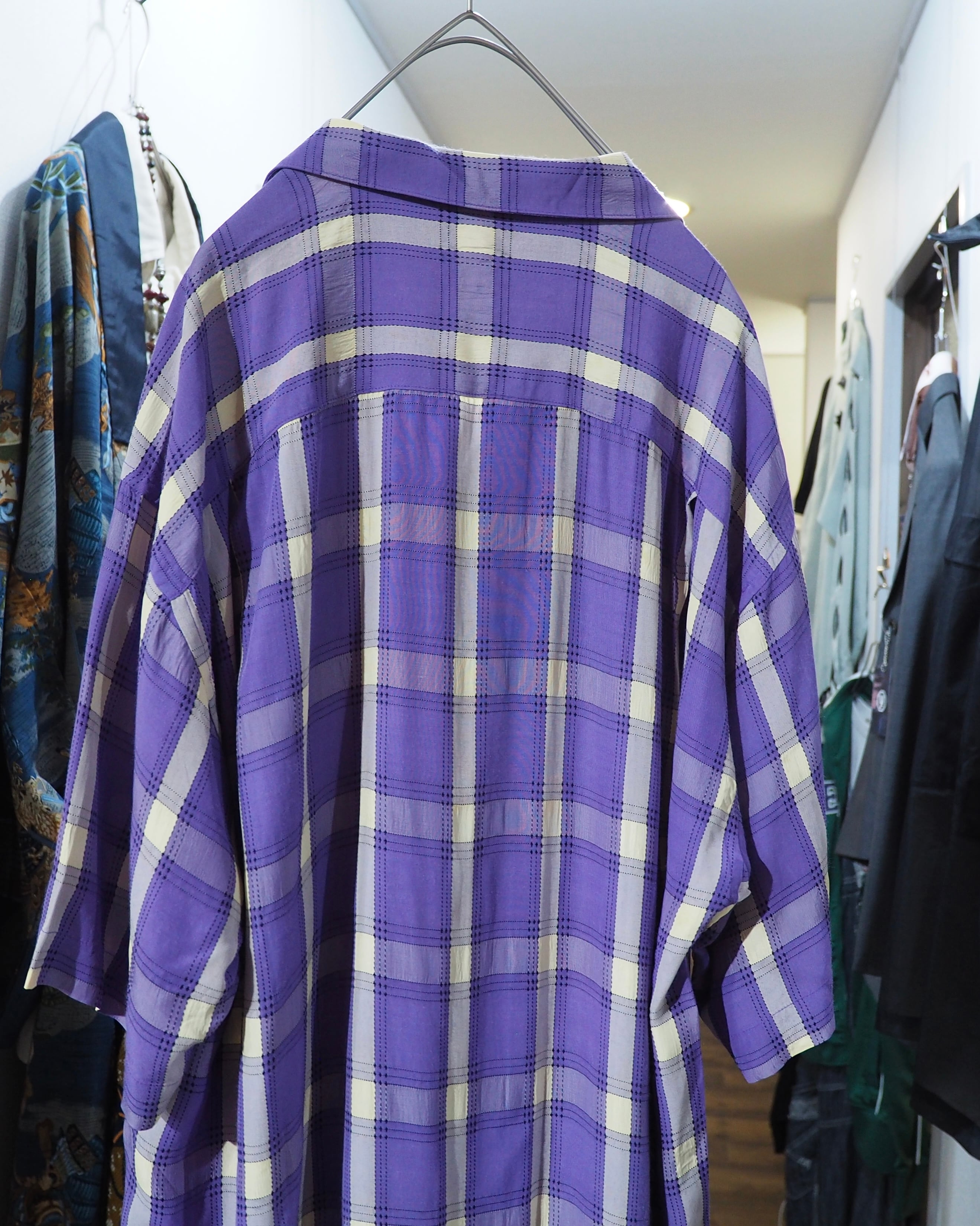 1990s " JUNKO KOSHINO " White Purple Check pattern vintage Open collar SS shirt