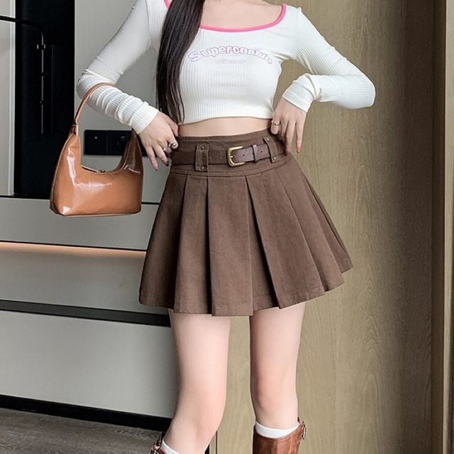 スカート ミニスカート プリーツスカート デニムスカート ショート丈 Aライン プリーツ ベルト ハイウエスト 大人可愛い おしゃれ ラブリー 無地 春 秋 レディース デート お出かけ 休日 普段使い 美脚 脚長 定番 送料無料 S M L XL 2XL