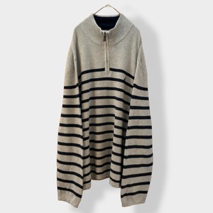 【NAUTICA】ハーフジップ ニット ボーダー プルオーバー 刺繍ロゴ ワンポイントロゴ XX-LARGE ビッグシルエット ゆるだぼ ノーティカ グレー US古着