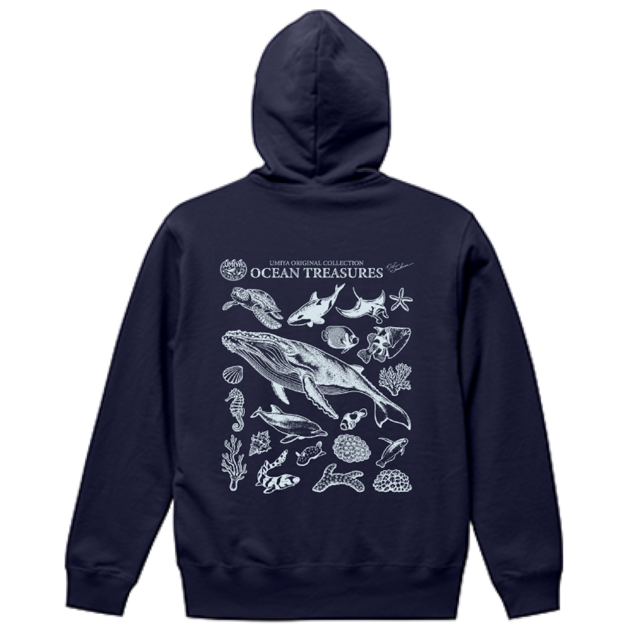 海洋生物ヴィンテージ風フルジップパーカー｜OCEAN TREASURES／Model-02（ネイビー）
