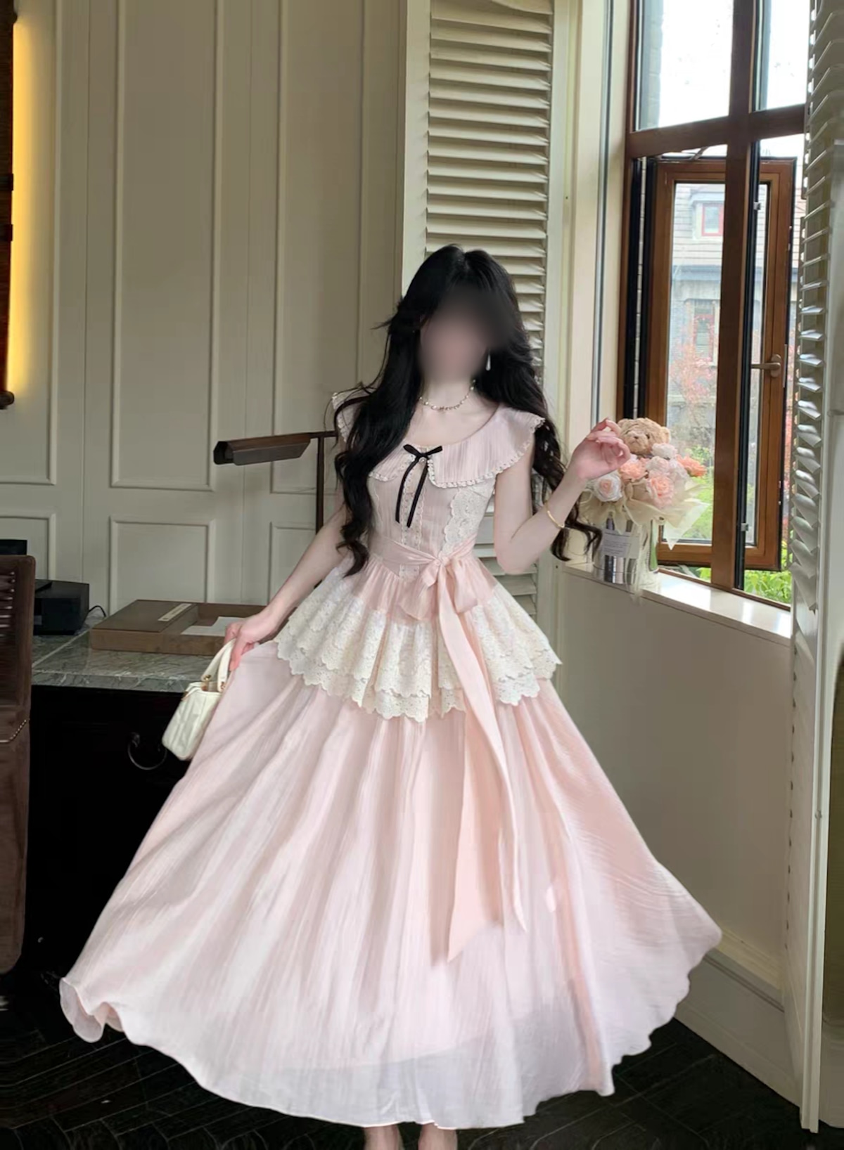 リボン レース ティアード フレア ロングワンピース|ピンク お嬢様 リボン レース ティアード フレア ロングワンピース|ピンク お嬢様