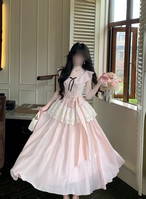 リボン レース ティアード フレア ロングワンピース|ピンク お嬢様 フェミニン デートワンピース