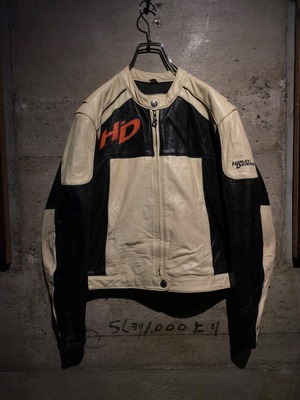 【Caka】HARLEY-DAVIDSON" Black × Ivory Color Switching Single Leather Riders Jacket