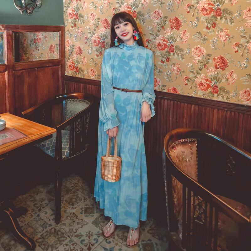 春の新油絵エストラインロングスカートアンクルフェアリーヘイズブルーラージサイズエスニックスタイルフローラル優しいドレス 延命家ファッション56859797382