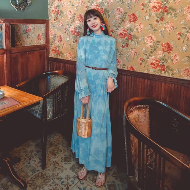 春の新油絵エストラインロングスカートアンクルフェアリーヘイズブルーラージサイズエスニックスタイルフローラル優しいドレス 延命家ファッション56859797382