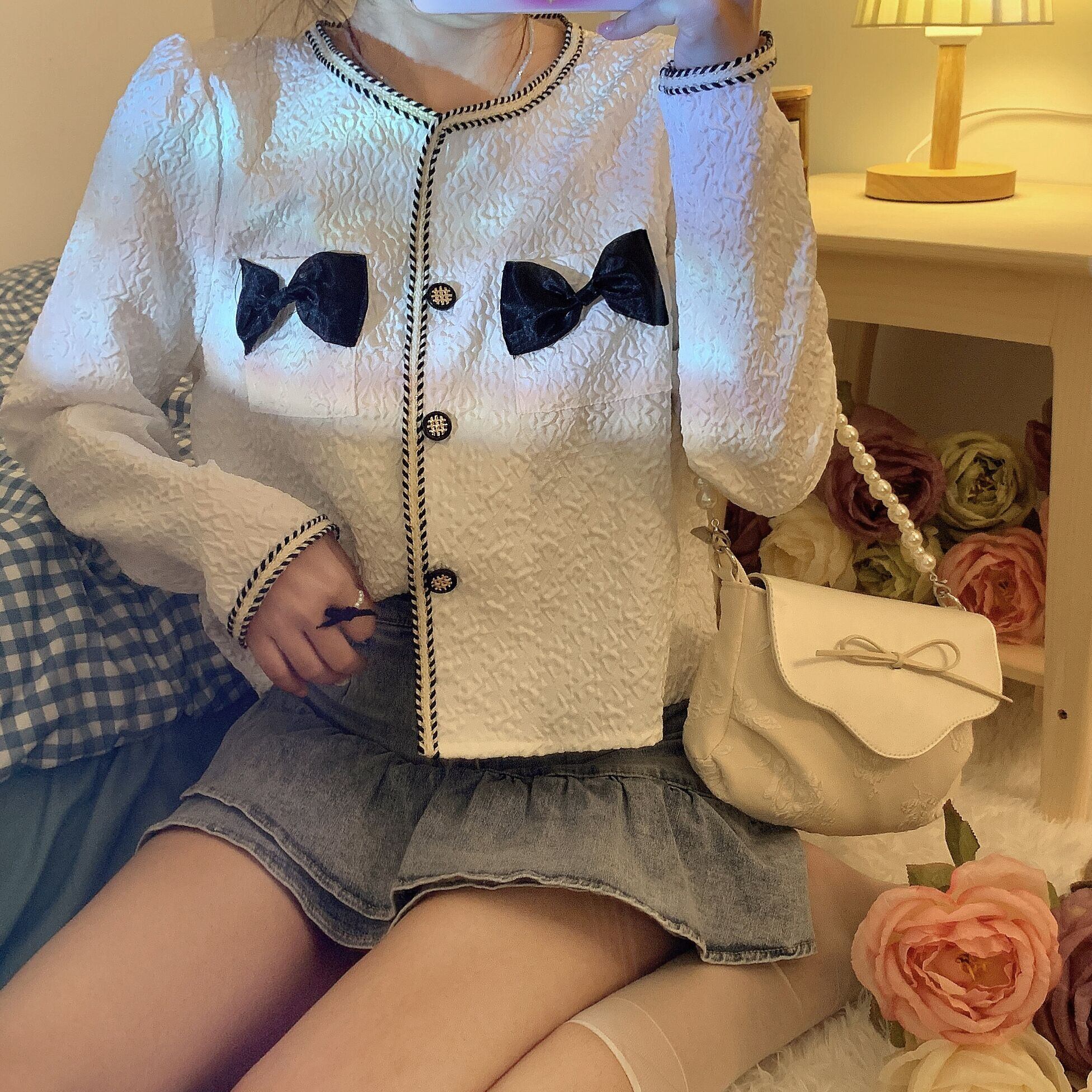 オータムスタンダードスタイルリボンショートジャケット トップス ロング レトロ 秋物 萌量不足52149124018