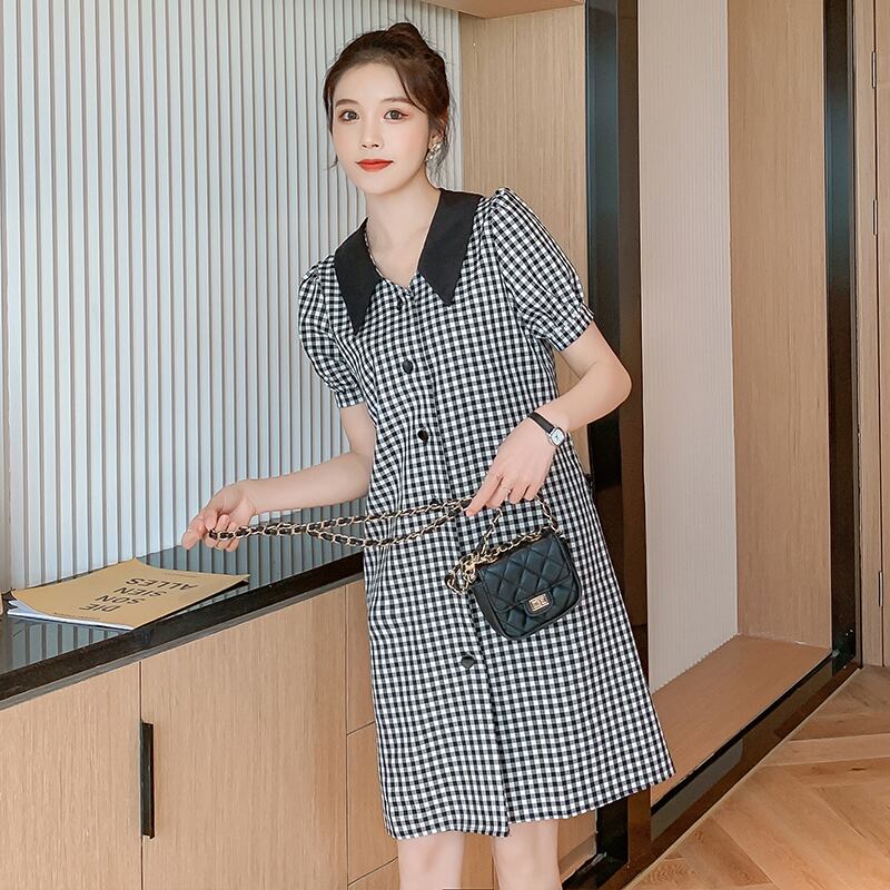 【新作】【送料無料】 5919＃2021サマーマタニティドレスブラックチェック柄コットンストレートドレス服妊婦妊娠 夏物 AL expec498927963745