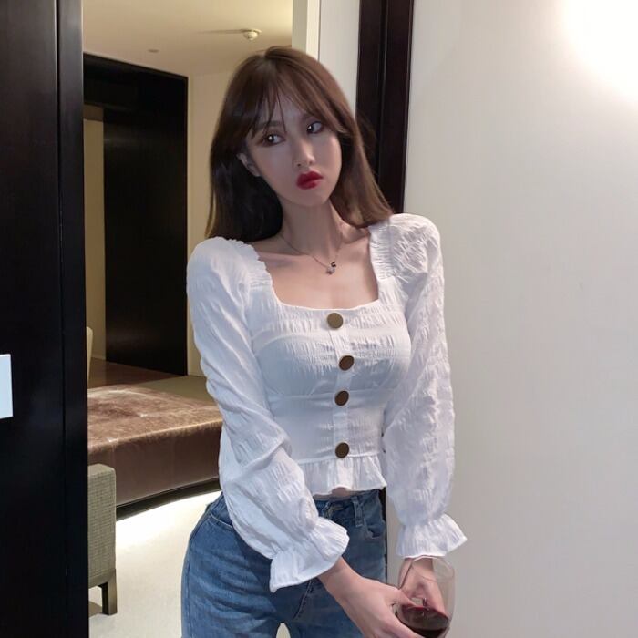 レディースシャツデザインニッチ2020ニューオータムエインスタイルフォールドスクエアカラーホワイトスリム長袖トップス 1号婦人27344044237