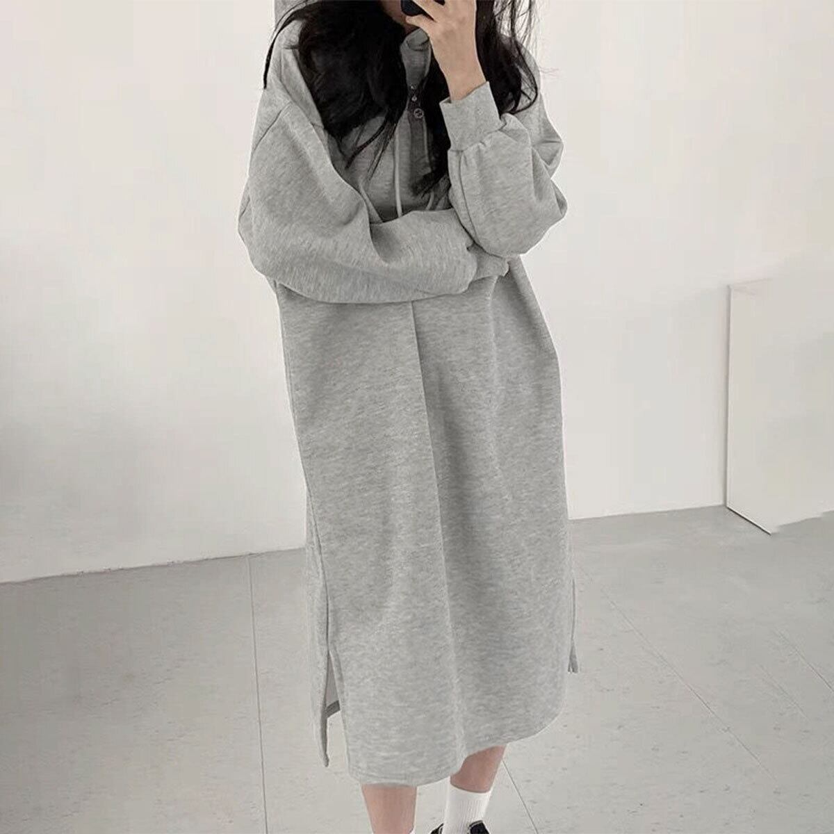 パーカー ワンピース 長袖 裏起毛 レディース 秋冬 韓国 大人 カジュアル おしゃれ サイドスリット ロングワンピース 防寒 保温 ゆったり リラックス 体型カバー 大人可愛い 大人女子