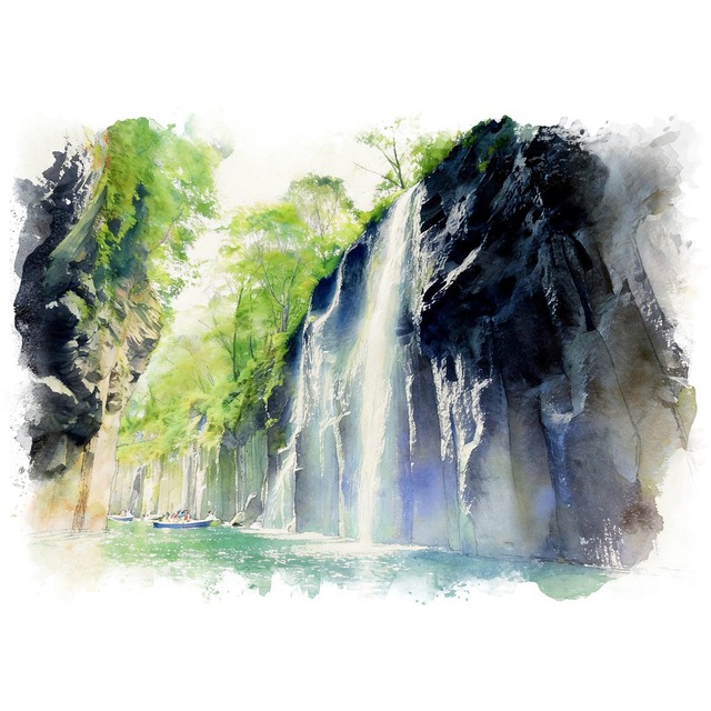 絵画 日本 宮崎県 高千穂峡 真名井の滝の風景 インテリアアート額付き 水彩画・油絵風 WAT0037