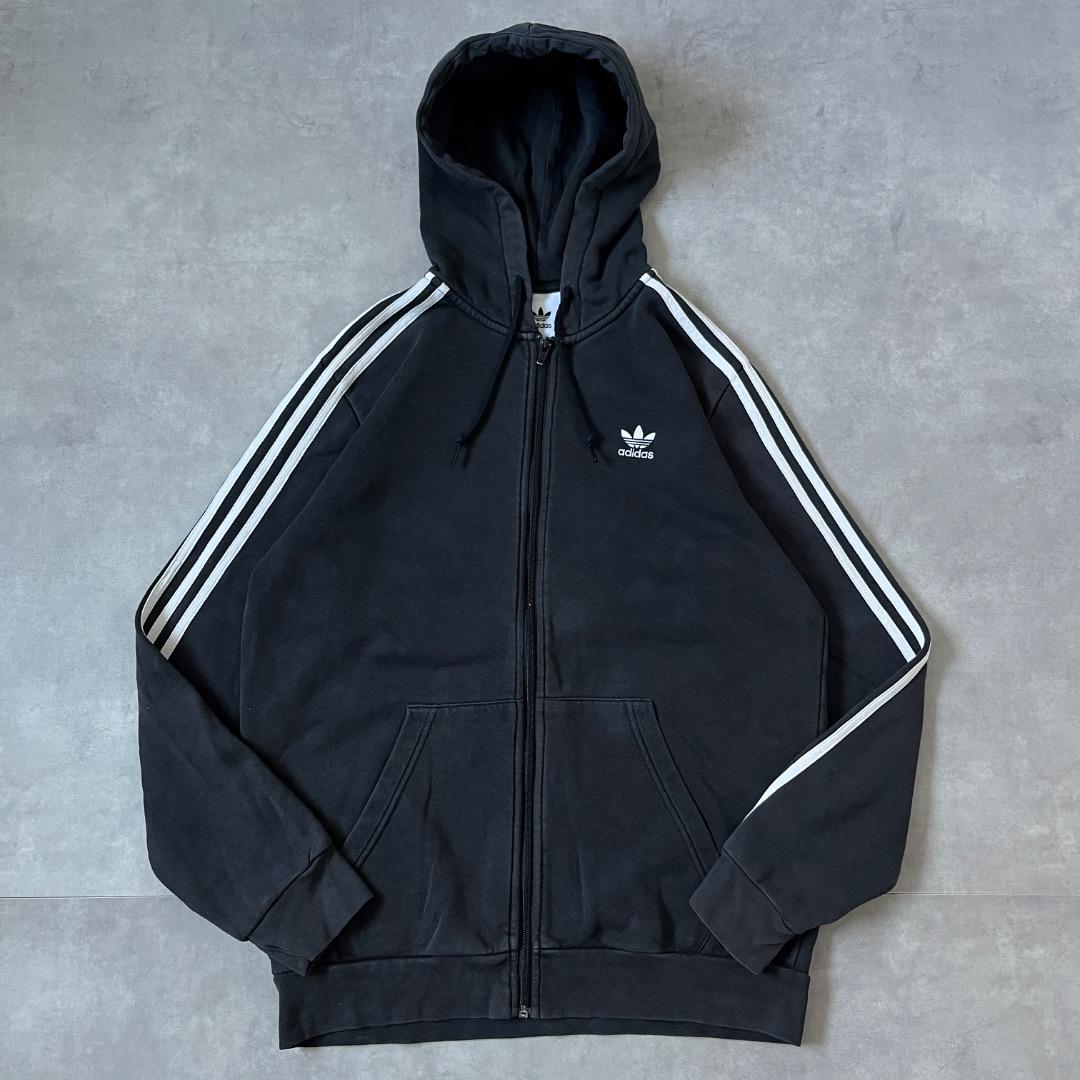 アディダス ジップ パーカー 古着 トレフォイル 刺繍 L 黒 白 17957